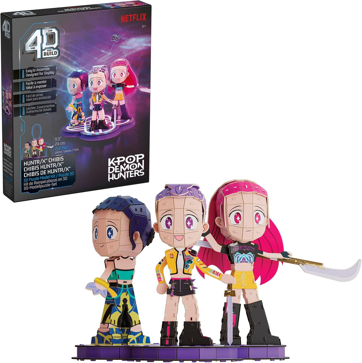 4D Build, KPOP Demon Hunters HUNTR/X Chibi 3D Puzzle, Rumi, Zoey & Mira with HUNTR/X Logo, KPOP Demon Hunters Collectible Model Kit, Desk Décor & Display Piece for Fans, 168 Pieces, for Ages 12 & Up