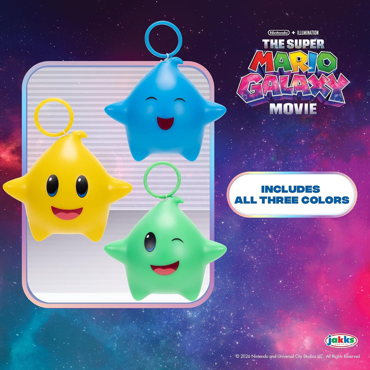 Jakks Pacific Super Mario Galaxy Movie Set 3 Luma Star Yo-Yo Azul, Verde y Amarillo, Brillan en la Oscuridad, Retráctiles, +3 Años