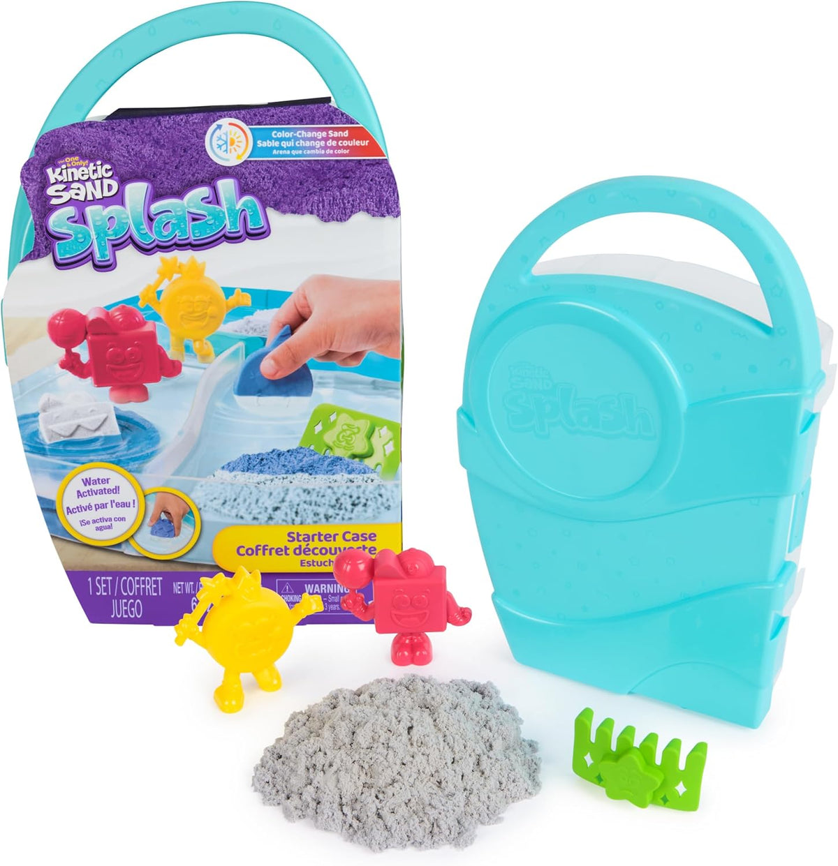Kinetic Sand, Estuche básico Splash con 113 g de arena de juego que cambia de color, 3 herramientas y moldes, almacenamiento reutilizable, juguetes sensoriales para niños y niñas a partir de 3 años