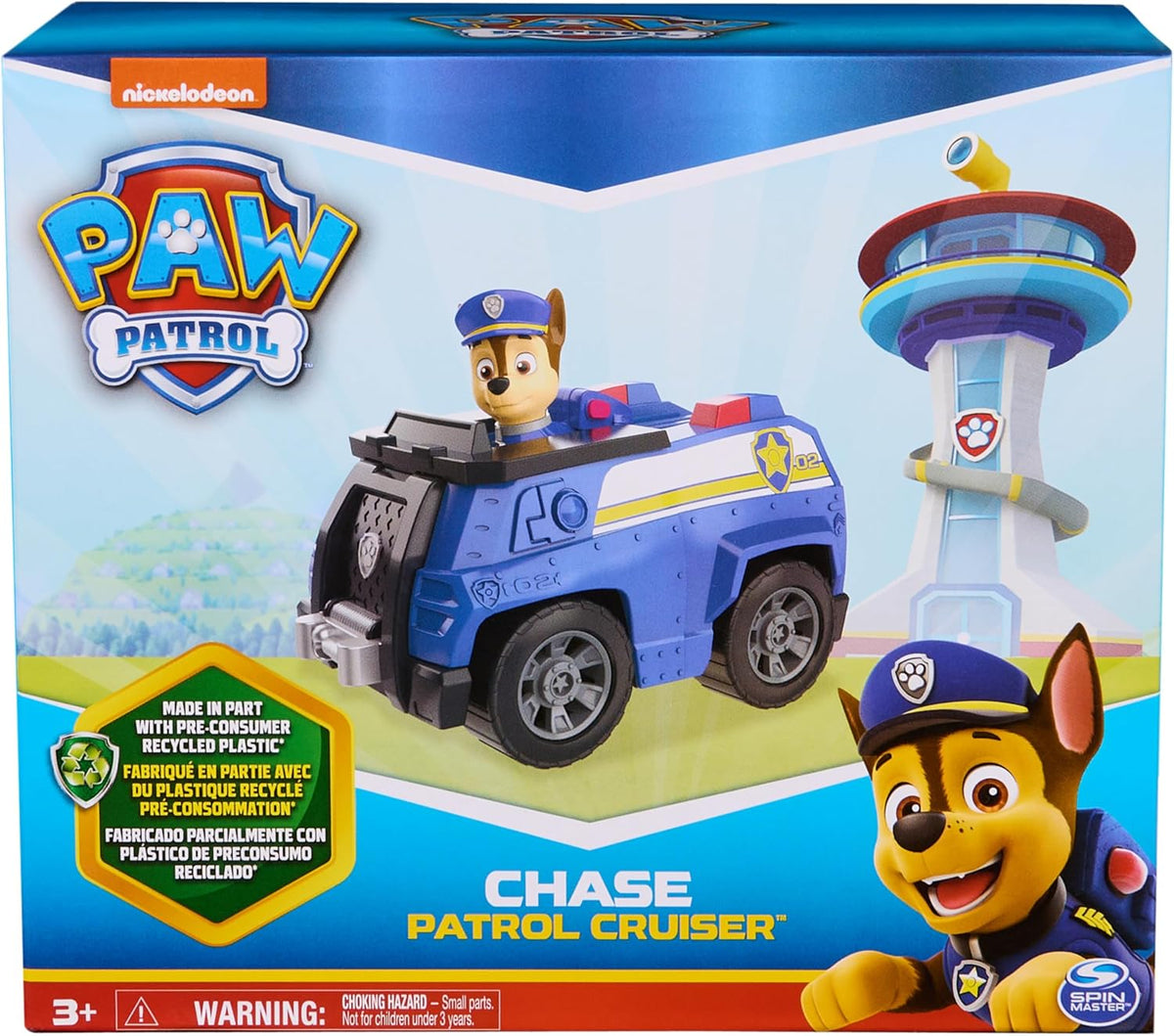 Paw Patrol, Chase's Patrol Cruiser, Coche de Juguete con Figura de acción Coleccionable, Juguetes para niños de Mente sostenible para niños y niñas a Partir de 3 años