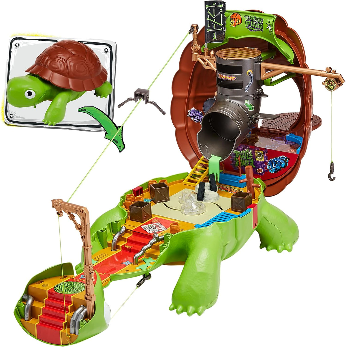 TMNT - Bandai Namco - Set de Juego - Tortugas Ninja, Playset Tortuga Transformable Refugio Secreto - con Accesorios, Zonas de Batalla y áreas interactivas para Figuras de acción