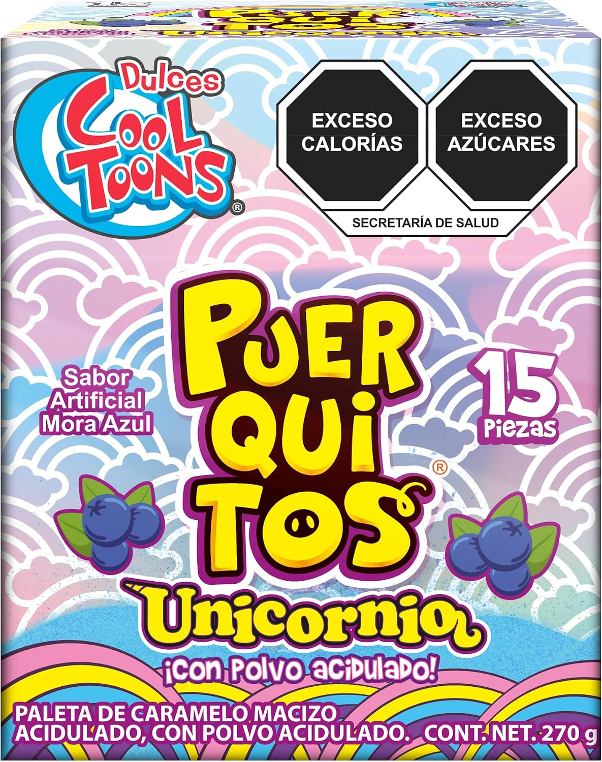 Dulces Cool Toons- Paleta Puerquitos Unicornio Paquete 2 cajas (15 Paletas 18grs - c/caja). Sabor Mora Azul con Polvo dulce. Paleta de Caramelo Macizo con forma de cara de Puerquito).