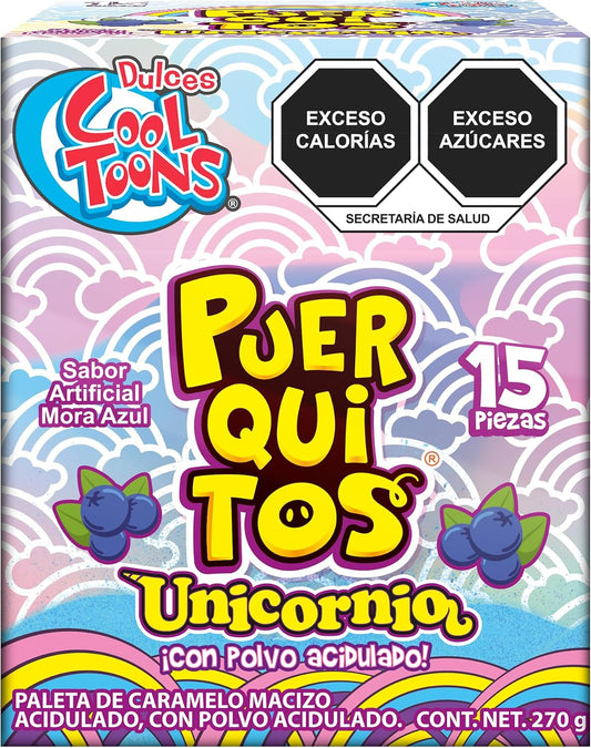 Dulces Cool Toons- Paleta Puerquitos Unicornio Paquete 2 cajas (15 Paletas 18grs - c/caja). Sabor Mora Azul con Polvo dulce. Paleta de Caramelo Macizo con forma de cara de Puerquito).
