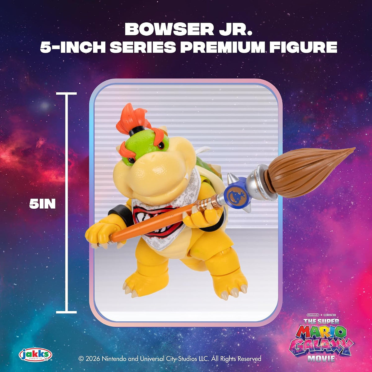 Jakks Pacific Super Mario Galaxy Movie Figura Bowser Jr. 5 Pulgadas con Pincel, 17 Puntos de Articulación, Coleccionable, +3 Años