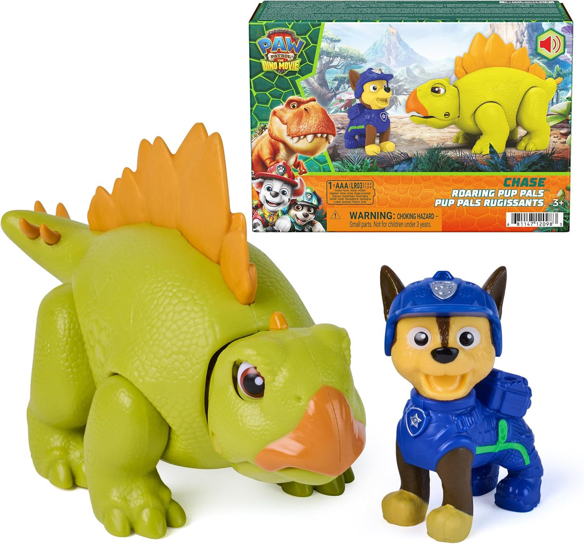 Paw Patrol: The Dino Movie, Incluye Juguete de Dinosaurio estegosaurio articulado de 10,1 cm con Sonidos y Figura de acción de Chase, Juguetes para niños y niñas preescolares, a Partir de 3 años