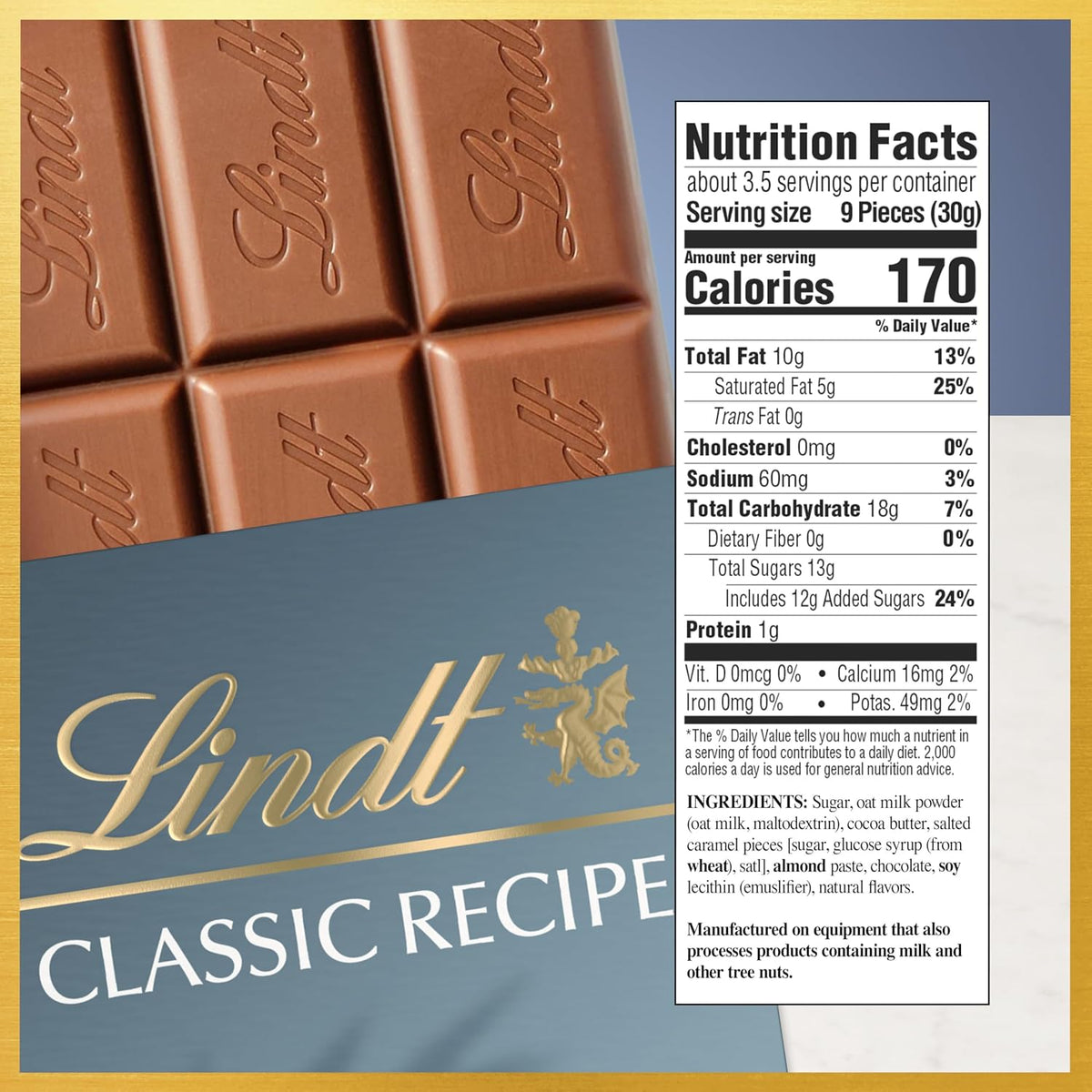 Lindt CLASSIC RECIPE Non-Dairy OatMilk Salted Caramel Chocolate Candy Bar, 3.5 oz. (10 Pack)