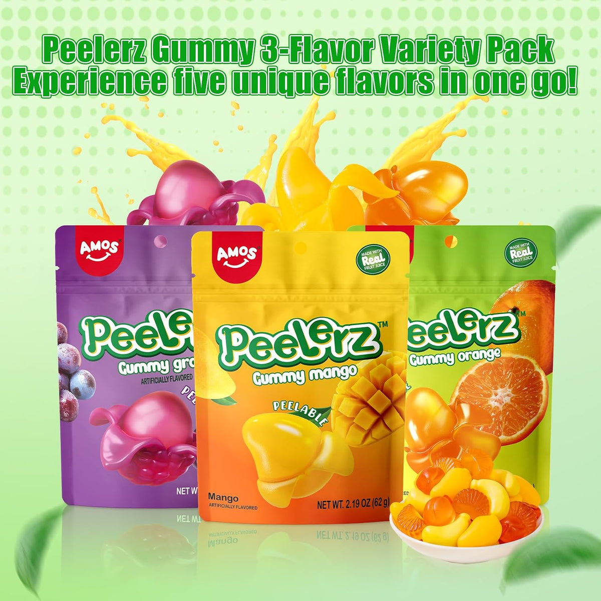Amos Paquete Variado de Gomitas Peelerz: 3 Paquetes Individuales, Gomitas Frutales Pelables en Sabores Mango, Nara