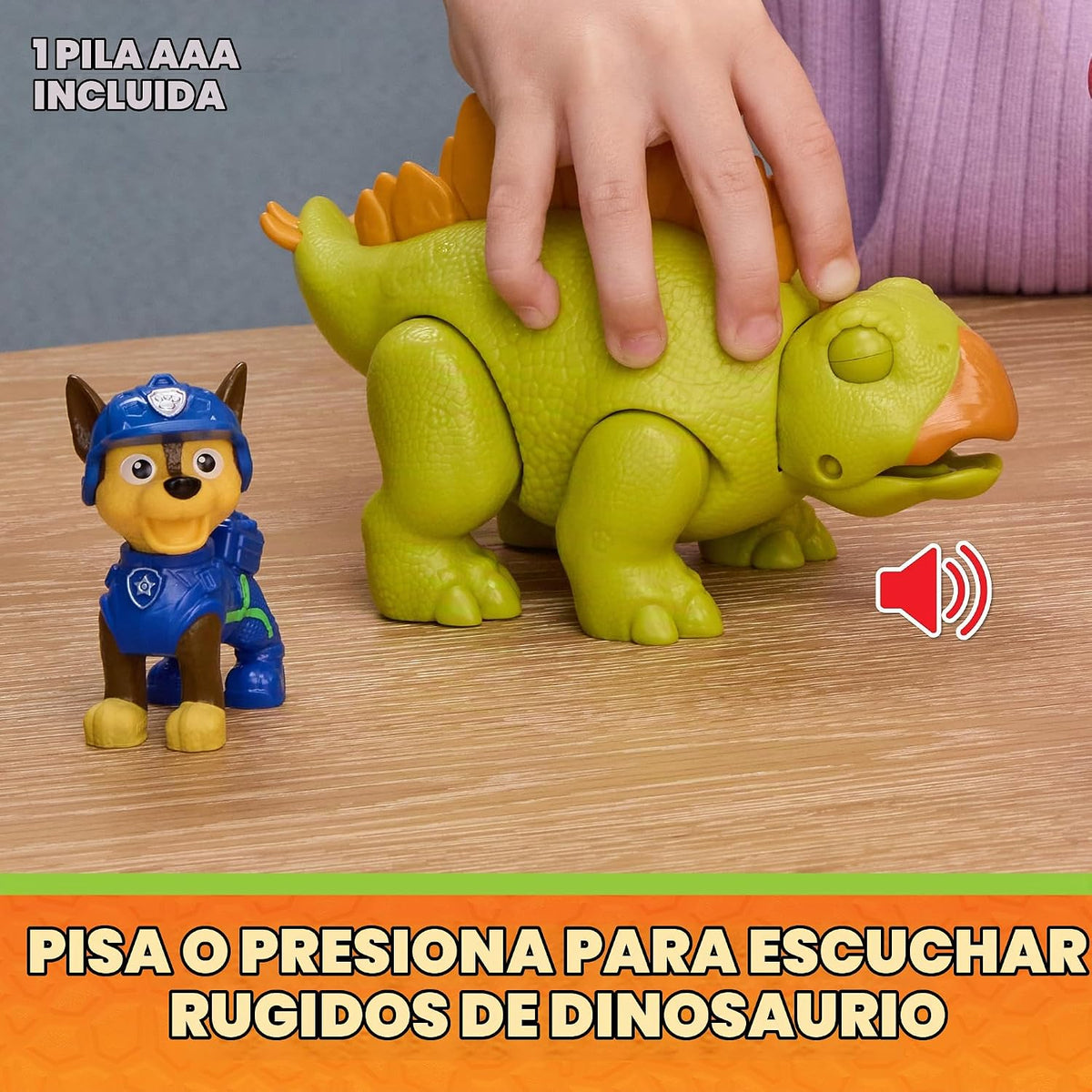 Paw Patrol: The Dino Movie, Incluye Juguete de Dinosaurio estegosaurio articulado de 10,1 cm con Sonidos y Figura de acción de Chase, Juguetes para niños y niñas preescolares, a Partir de 3 años