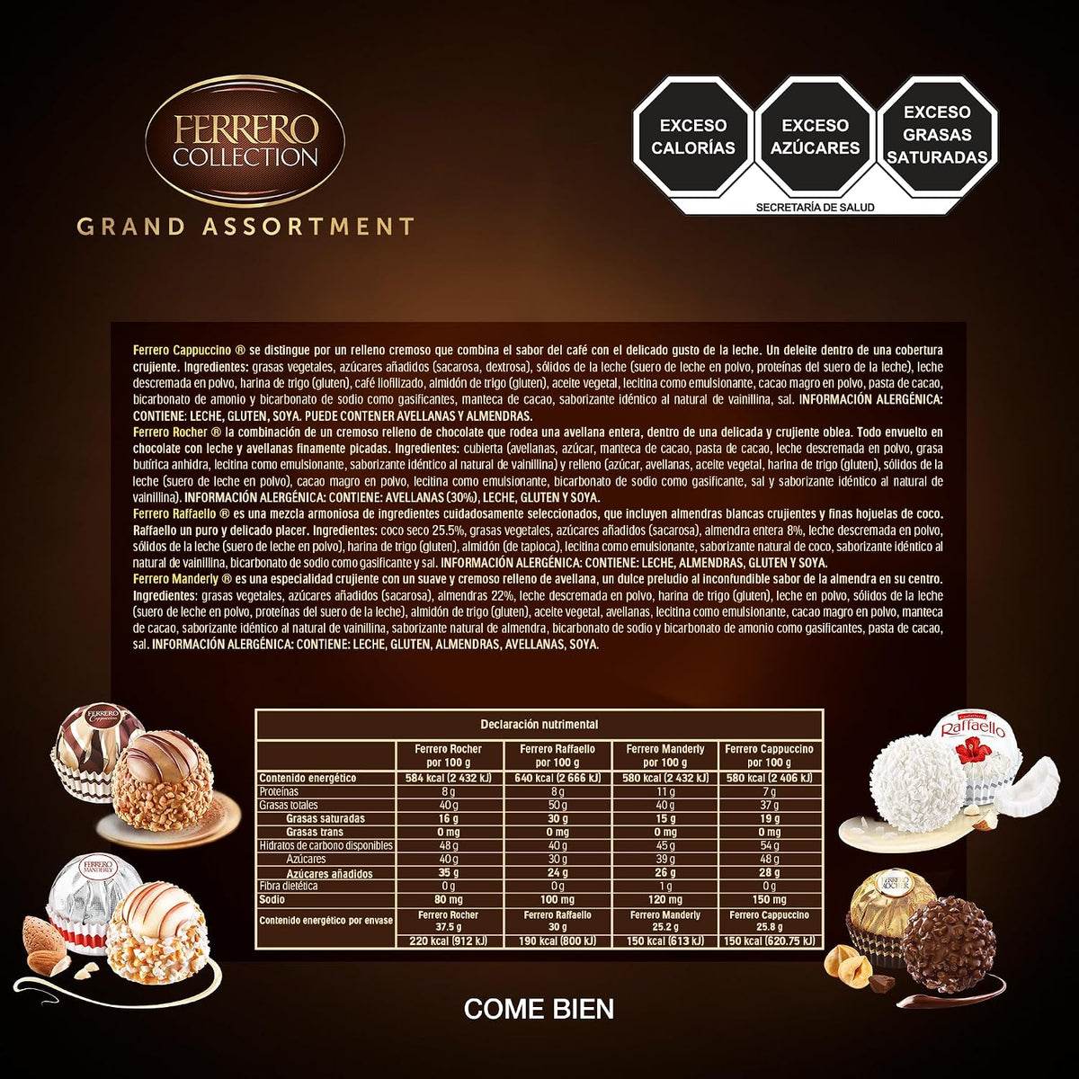 Ferrero Rocher Grand Assortment 118 g | Surtido de 12 Pralinas Premium con Rocher, Raffaello, Manderly y Cappuccino | Regalo Elegante Navidad