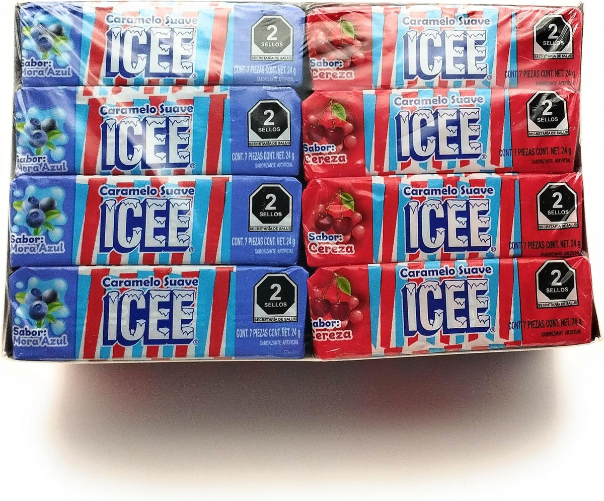 Caramelo suave ICEE sabores Cereza & Mora Azul. Caja con 24 paquetes de 7 piezas (24 gr. c/u)
