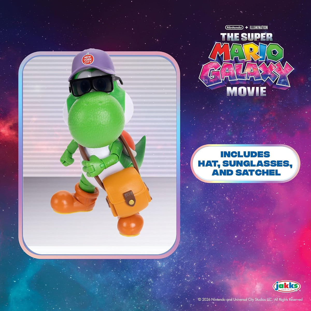Jakks Pacific Super Mario Galaxy Movie Figura Yoshi 5 Pulgadas con Sombrero, Lentes y Bolsa, 20 Puntos de Articulación, Coleccionable, +3 Años