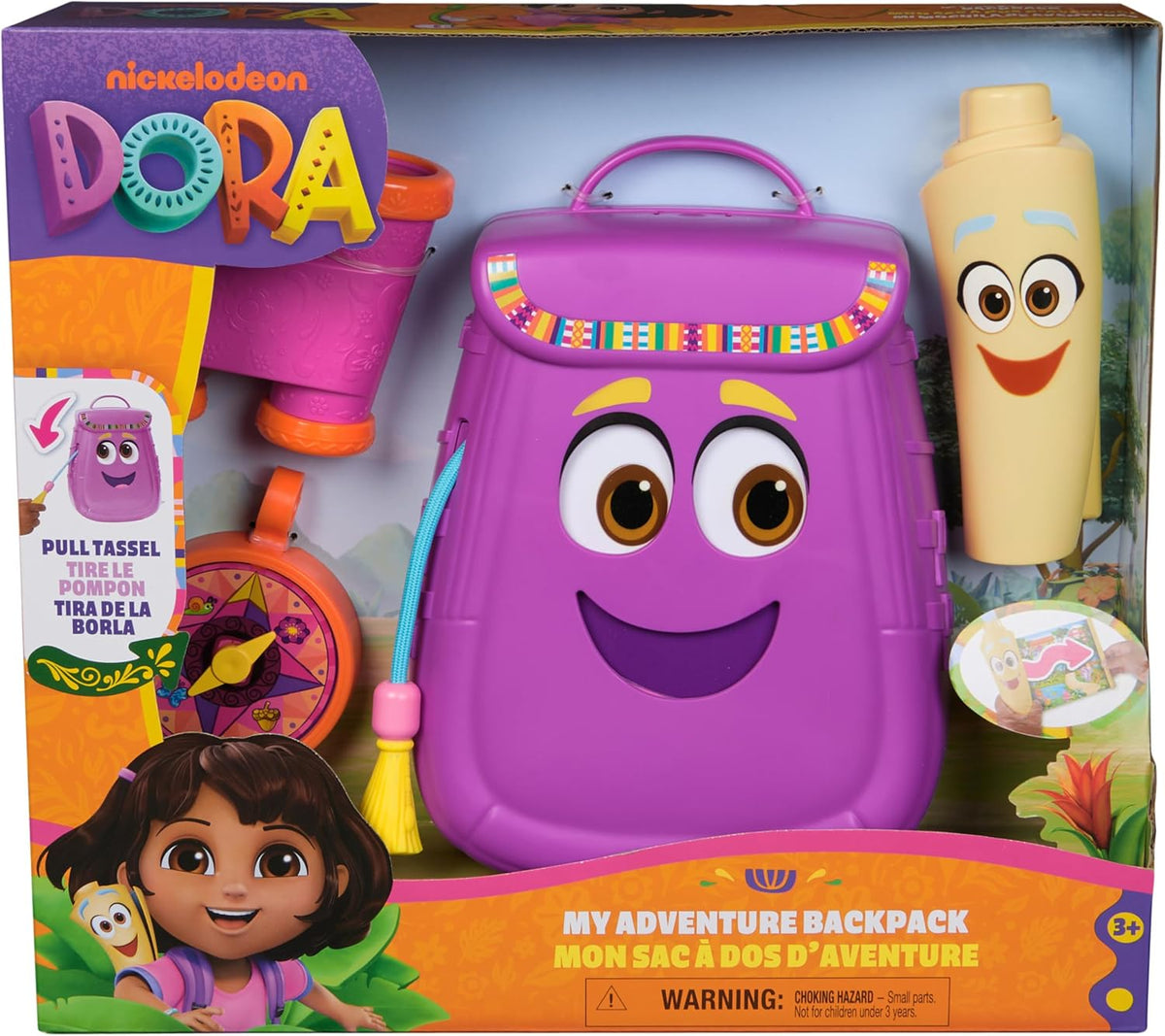 Dora, Mi Mochila de Aventuras, con Accesorios de exploración‚ un Mapa desplegable y una brújula y Unos prismáticos de Juguete, Juguetes para niñas y niños a Partir de 3 años