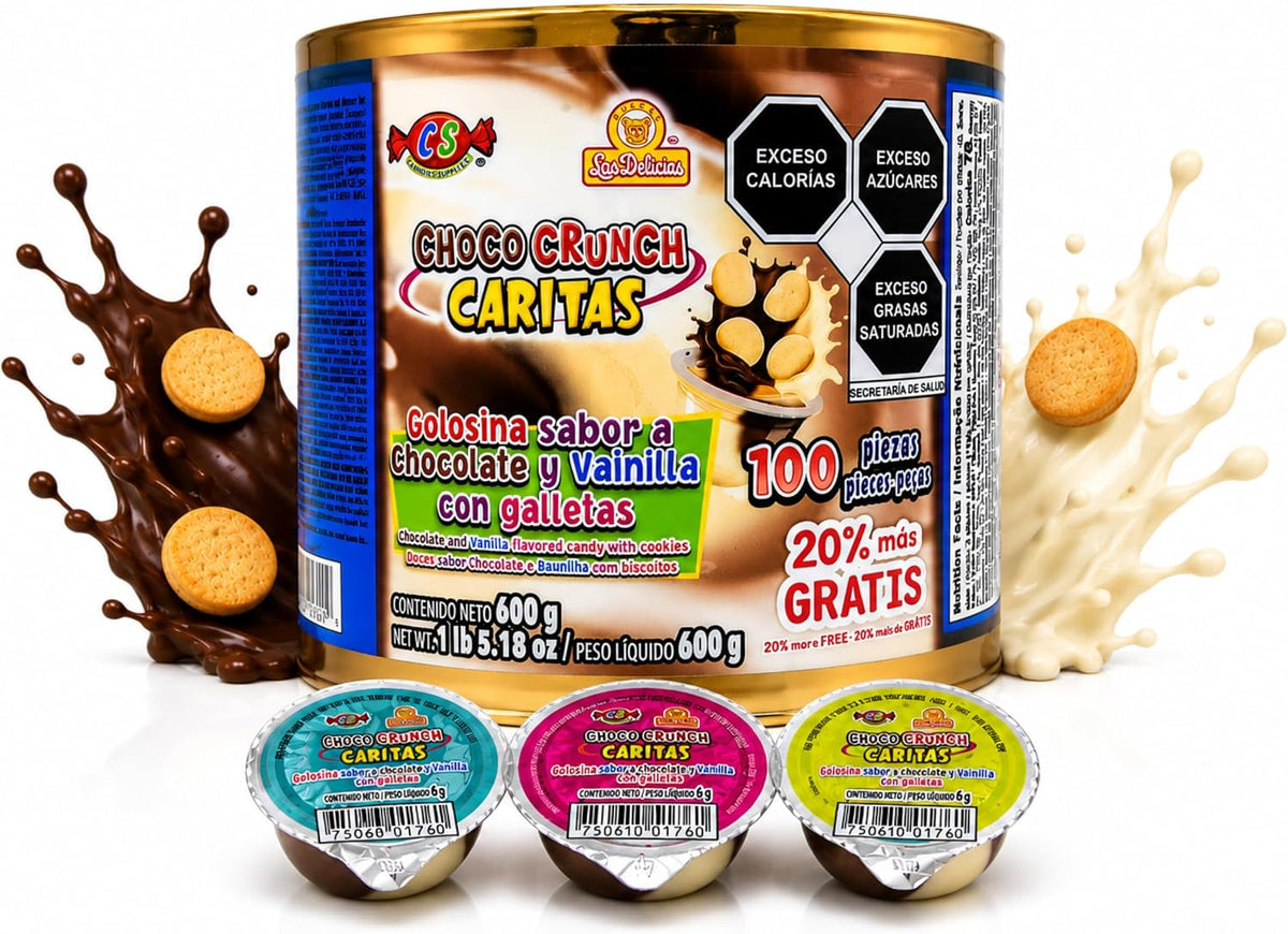 Las Delicias Choco Crunch Caritas, Golosina Sabor a Chocolate, 100 Piezas