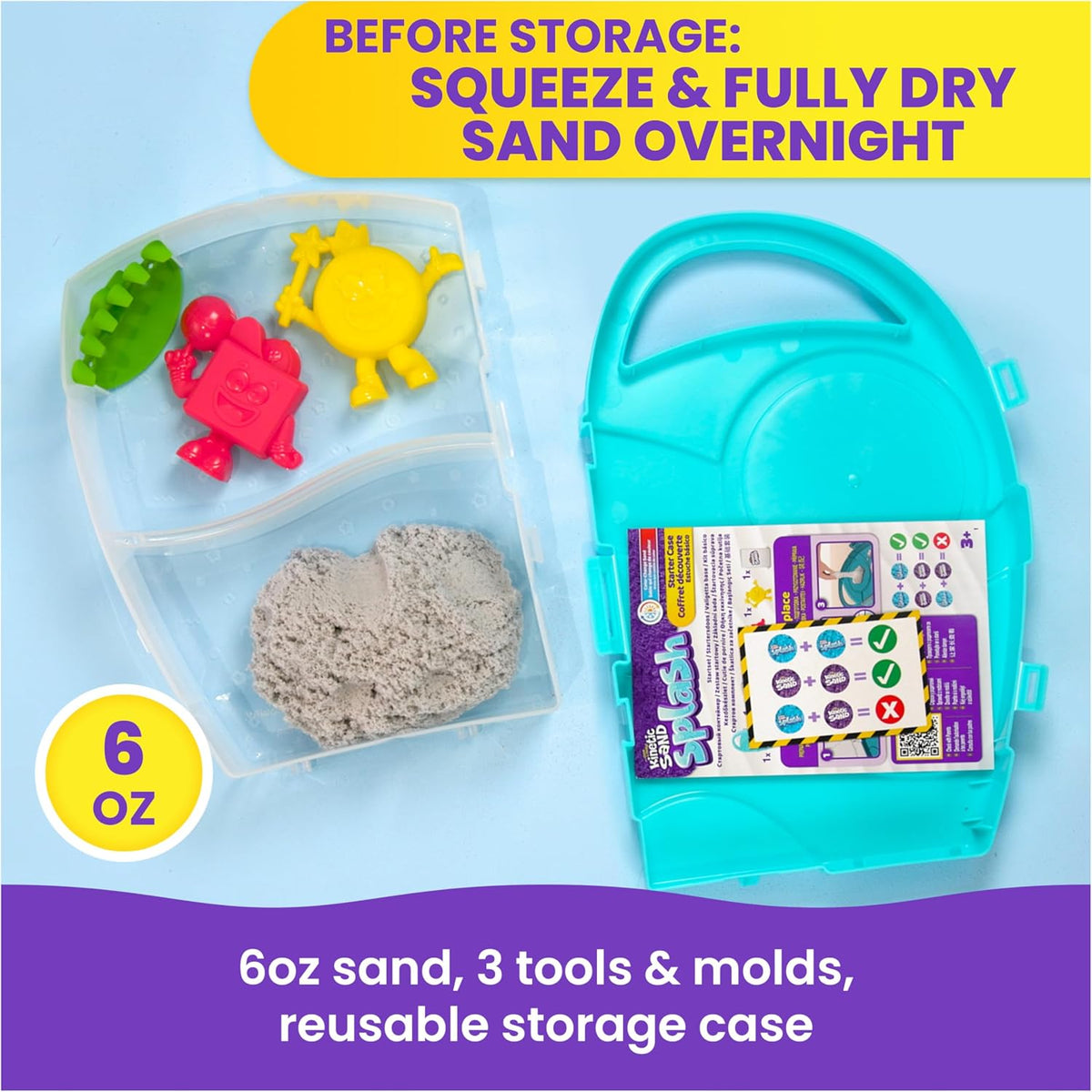 Kinetic Sand, Estuche básico Splash con 113 g de arena de juego que cambia de color, 3 herramientas y moldes, almacenamiento reutilizable, juguetes sensoriales para niños y niñas a partir de 3 años