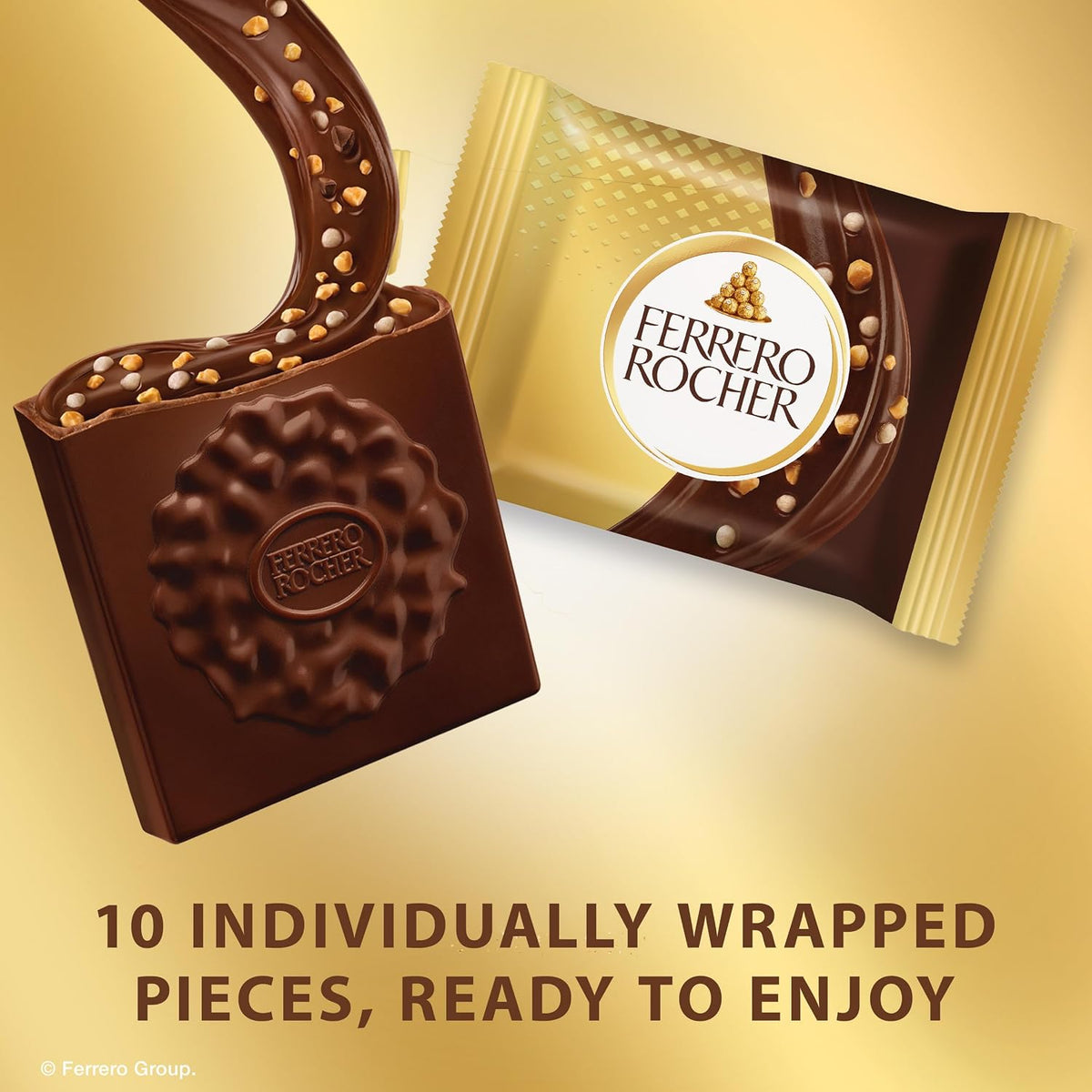 Ferrero Rocher, Cuadros de Chocolate Obscuro Rellenos de Avellana, Paquete de 10 Piezas