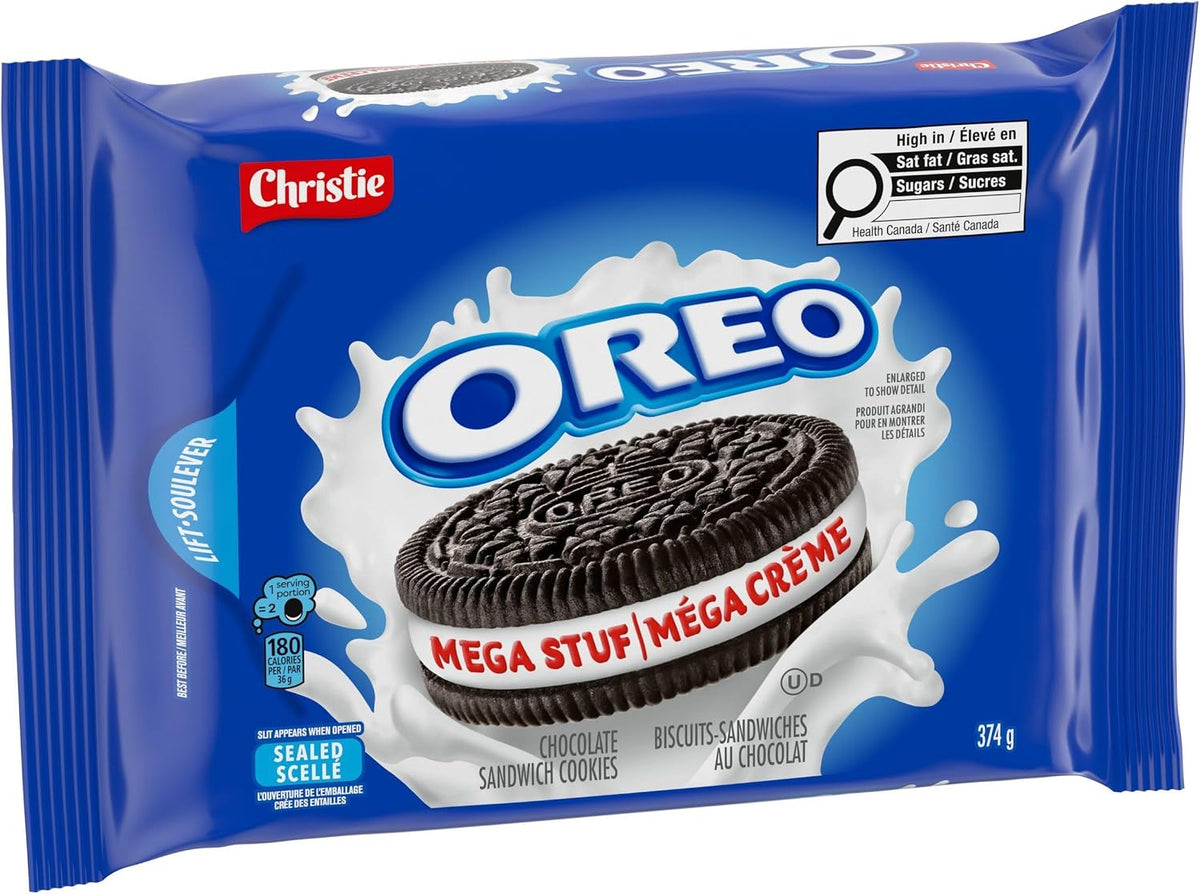 Oreo- Galletas Mega Stuf, 374 g/13,2 oz, triple de crema, chocolate