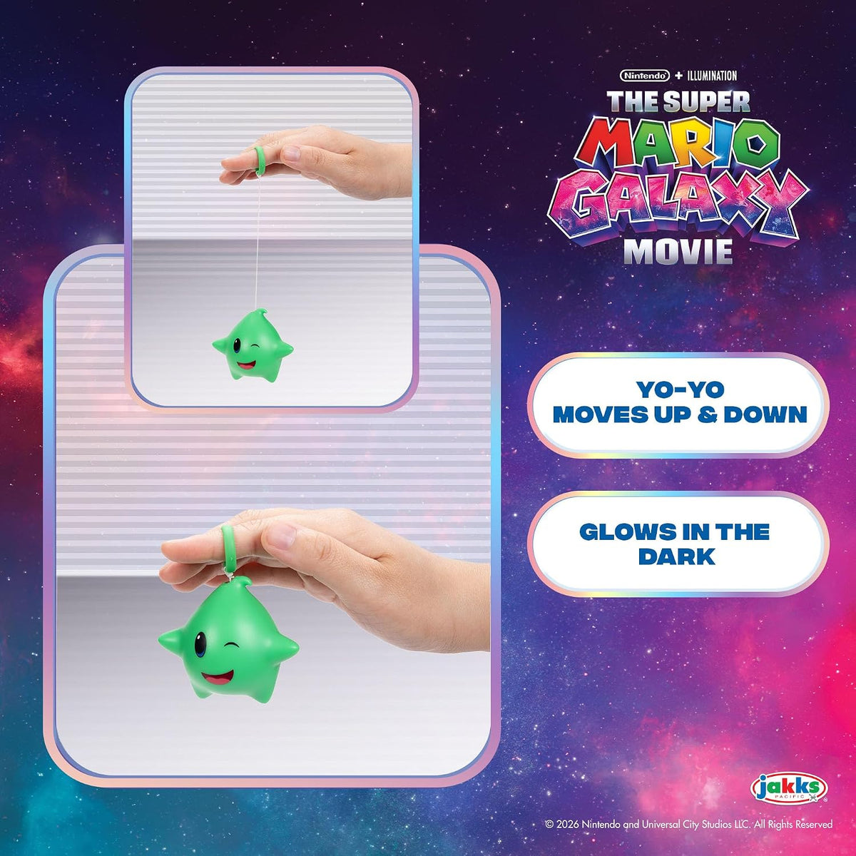 Jakks Pacific Super Mario Galaxy Movie Set 3 Luma Star Yo-Yo Azul, Verde y Amarillo, Brillan en la Oscuridad, Retráctiles, +3 Años