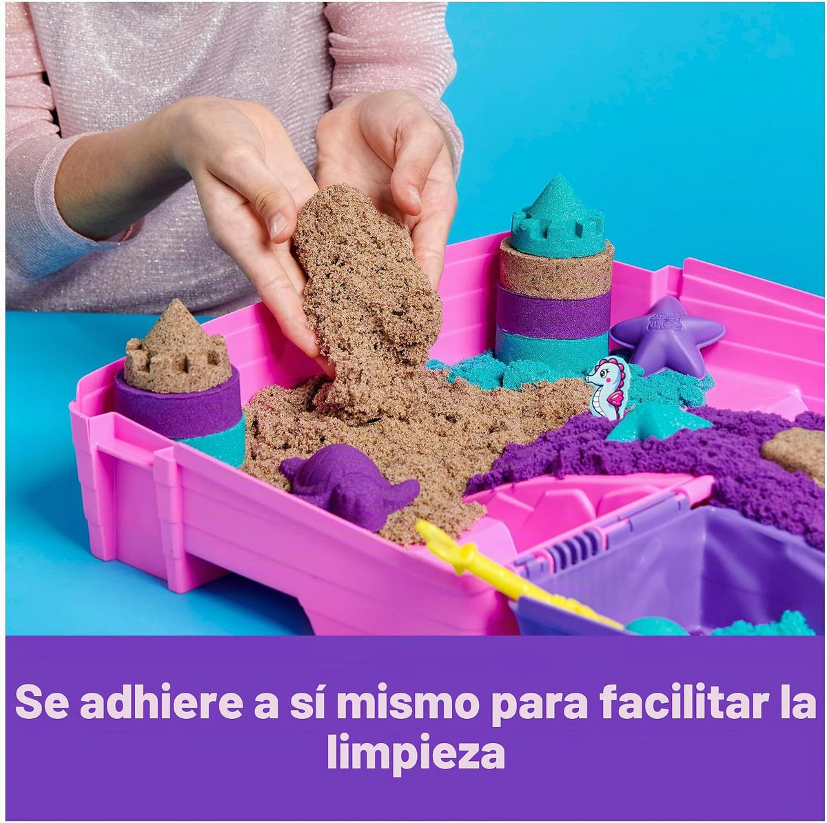 Kinetic Sand, Set Palacio de la Sirena, 934 g de Arena Que Brilla (Morado, Turquesa y Arena de Playa), arenero Plegable Reutilizable y Herramientas, Juguetes sensoriales para niños a Partir de 3 años