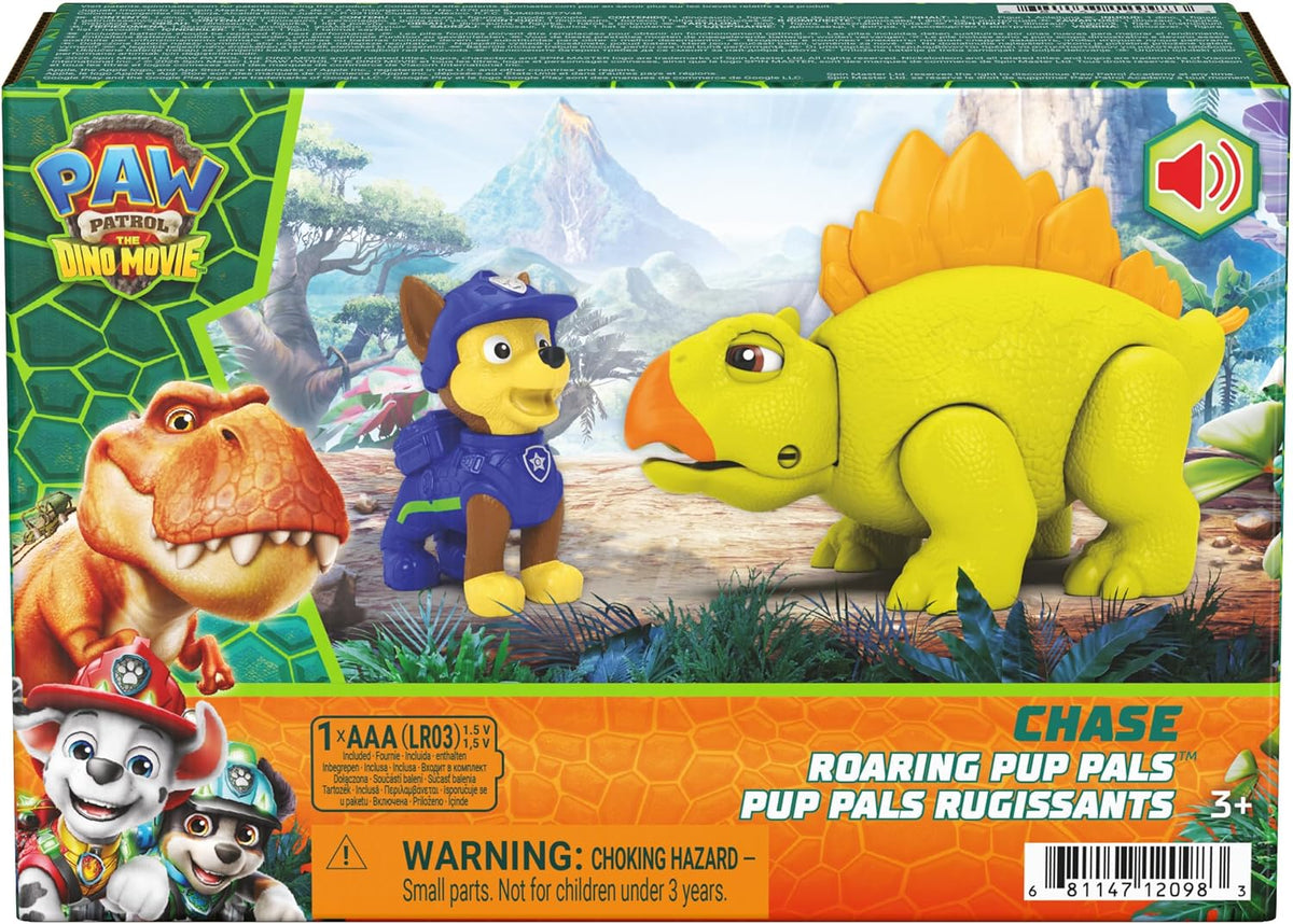 Paw Patrol: The Dino Movie, Incluye Juguete de Dinosaurio estegosaurio articulado de 10,1 cm con Sonidos y Figura de acción de Chase, Juguetes para niños y niñas preescolares, a Partir de 3 años