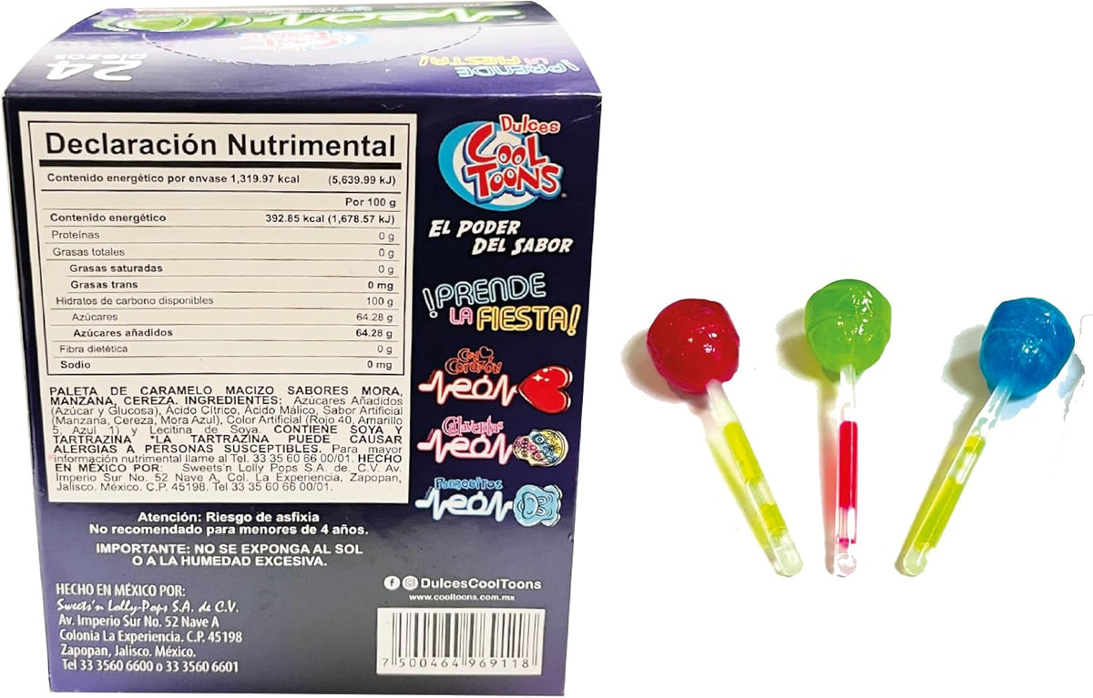 Paleta Cool Toons Neón , Paquete 2 cajas (24 Paletas 14grs - c/caja). Paleta de Caramelo Macizo con forma de bola sabor Cereza, Mora azul, Manzana, con palillo luminosos que brilla en la oscuridad, estilo laser. paleta del antro