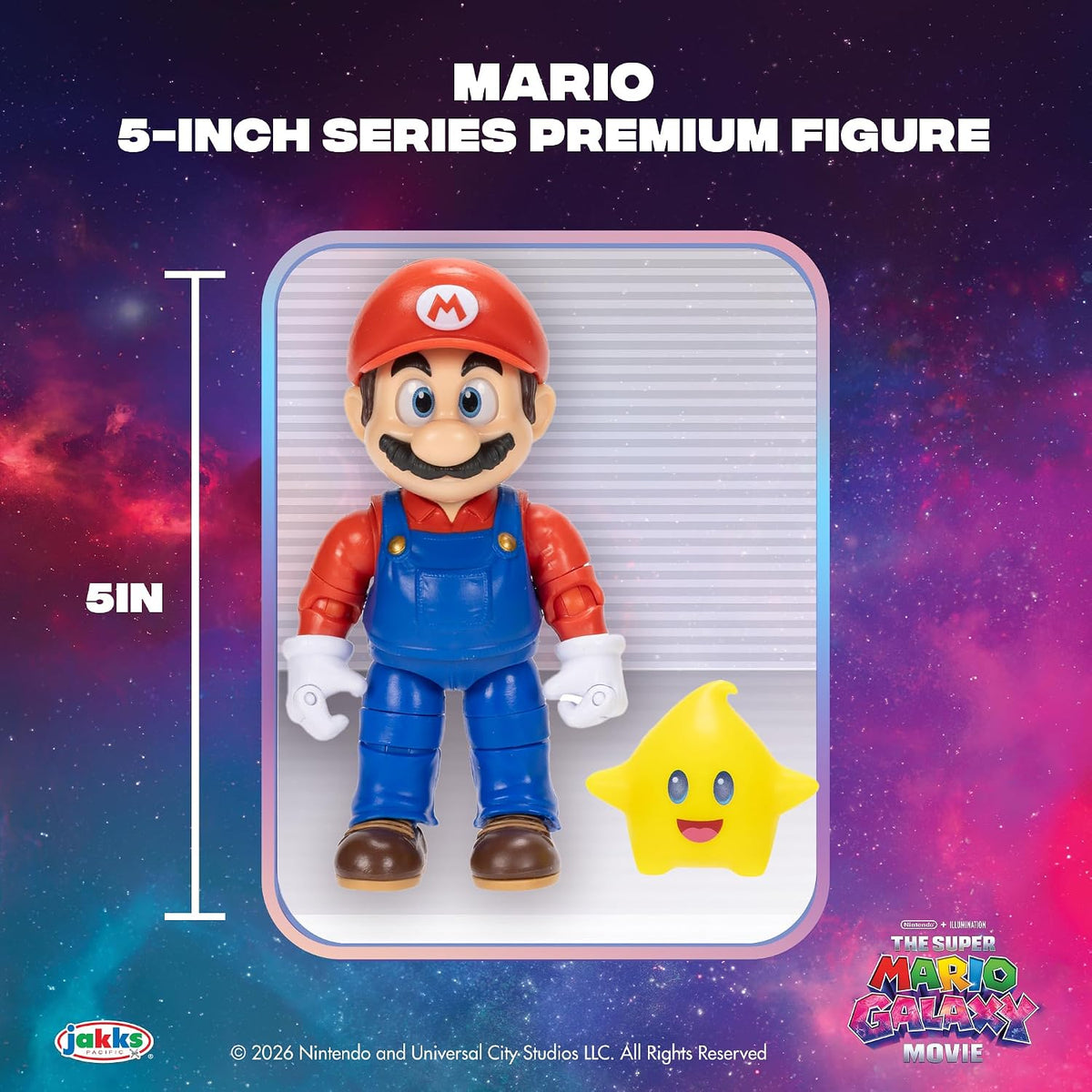 Jakks Pacific Super Mario Galaxy Movie Figura Mario 5 Pulgadas con Estrella Luma Que Brilla en la Oscuridad, 22 Puntos de Articulación, Ojos Acrílicos, Coleccionable, +3 Años