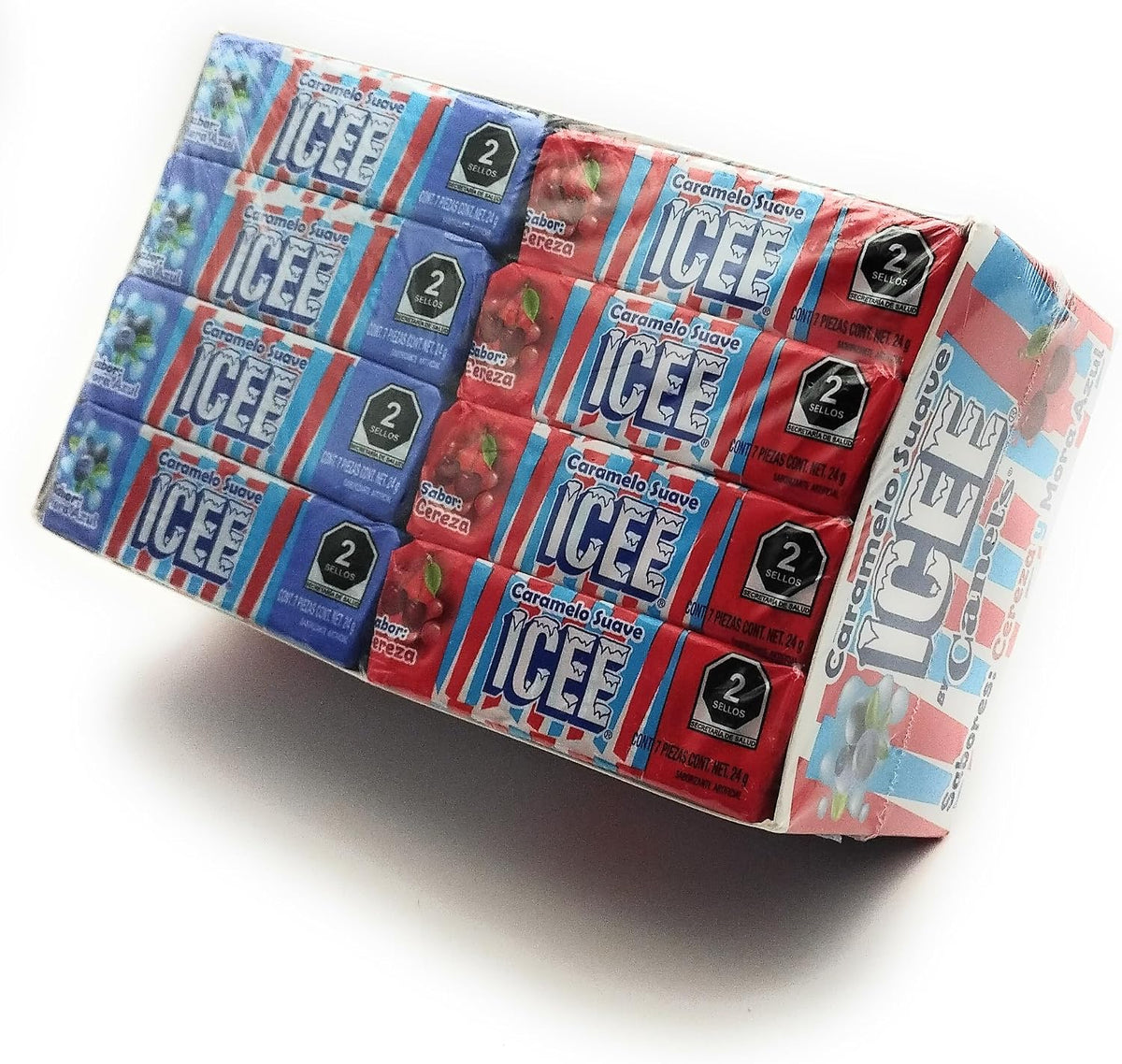 Caramelo suave ICEE sabores Cereza & Mora Azul. Caja con 24 paquetes de 7 piezas (24 gr. c/u)