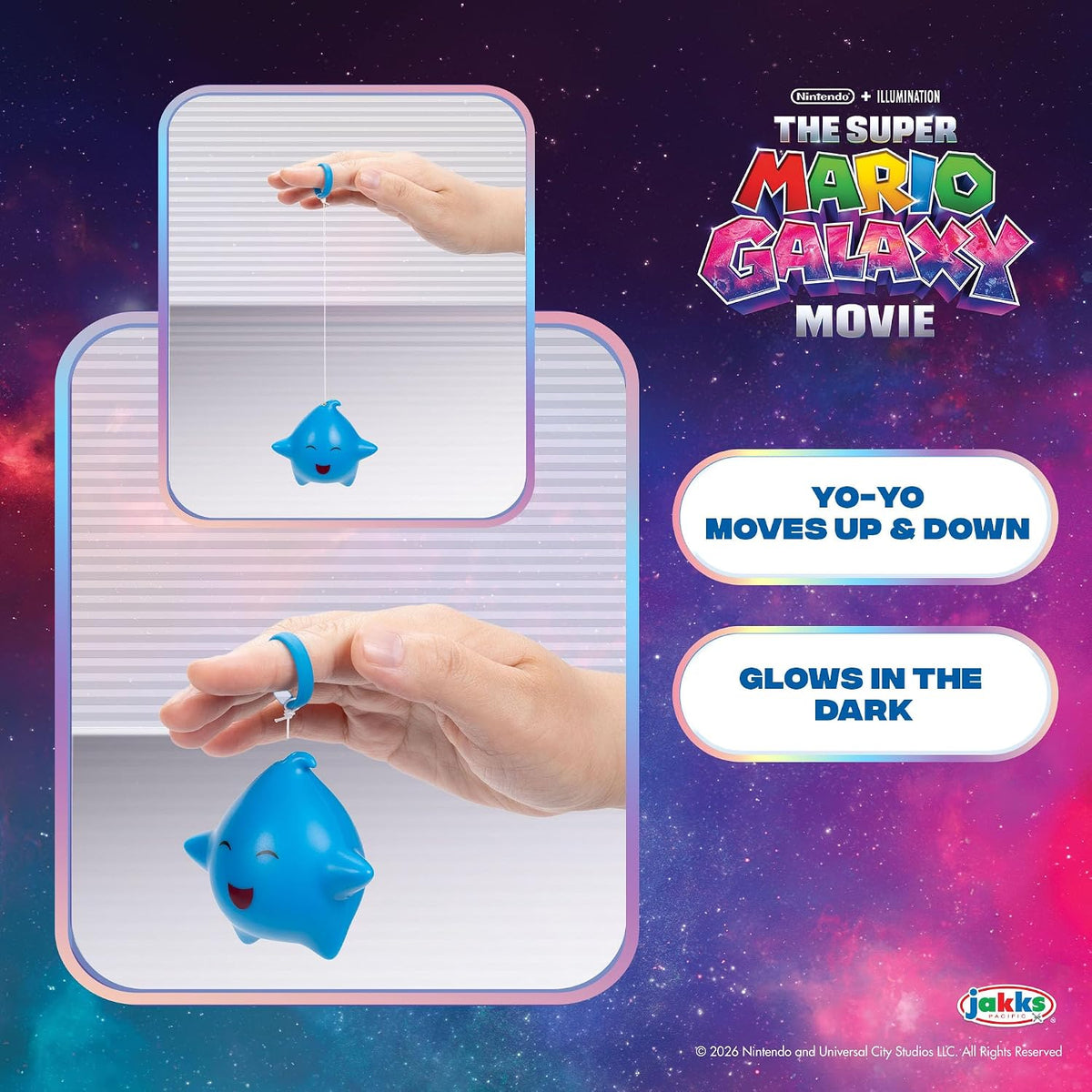 Jakks Pacific Super Mario Galaxy Movie Set 3 Luma Star Yo-Yo Azul, Verde y Amarillo, Brillan en la Oscuridad, Retráctiles, +3 Años