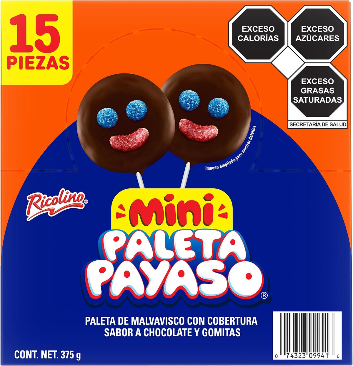 Mini paleta payaso de malvavisco con cobertura sabor chocolate y gomitas, 15 piezas de 25 gramos
