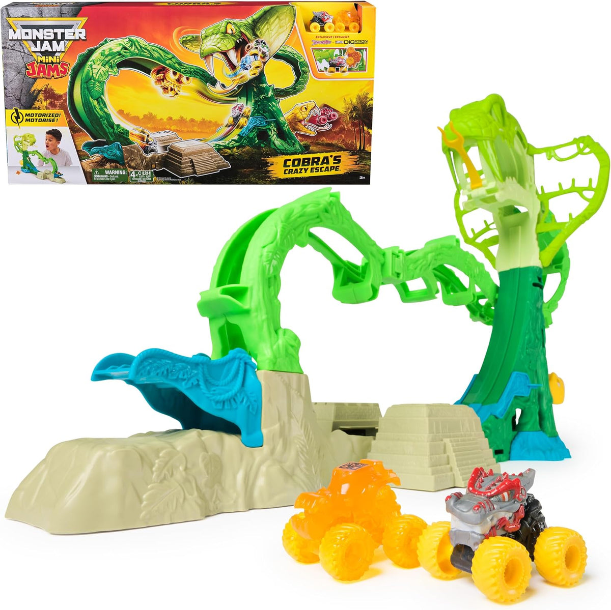 Monster Jam Mini Jams, Cobra's Crazy Escape, Set de Juego motorizado de 71,1 cm, 2 Camiones Monstruo metálicos ThunderROARus y JCB Digatron, Juguetes para niños y niñas a Partir de 3 años