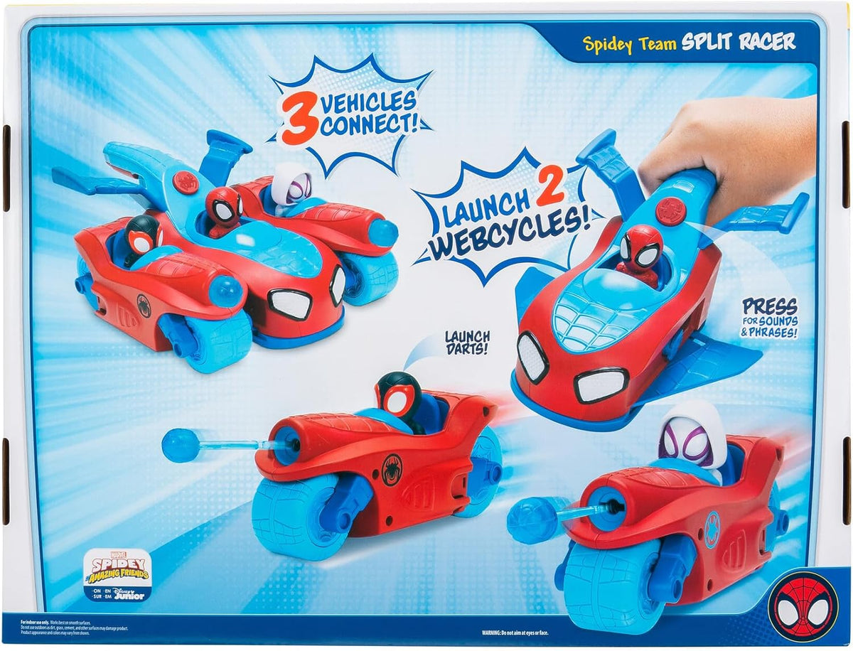Jazwares Marvel Spidey and His Amazing Friends Spidey Team Split Racer - Vehículo Tres en uno de 8.5 Pulgadas con Dardos Web, Efectos de Sonido y Frases