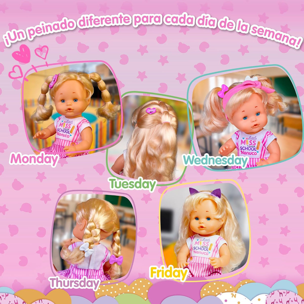 Nenuco - Peinaditos para el Cole, muñeco bebé Cuerpo Duro de 35 cm, de Pelo Rubio y Largo, para hacerle Peinados Diferentes, Muchos Accesorios como trenzador, Desde 2 años, Famosa