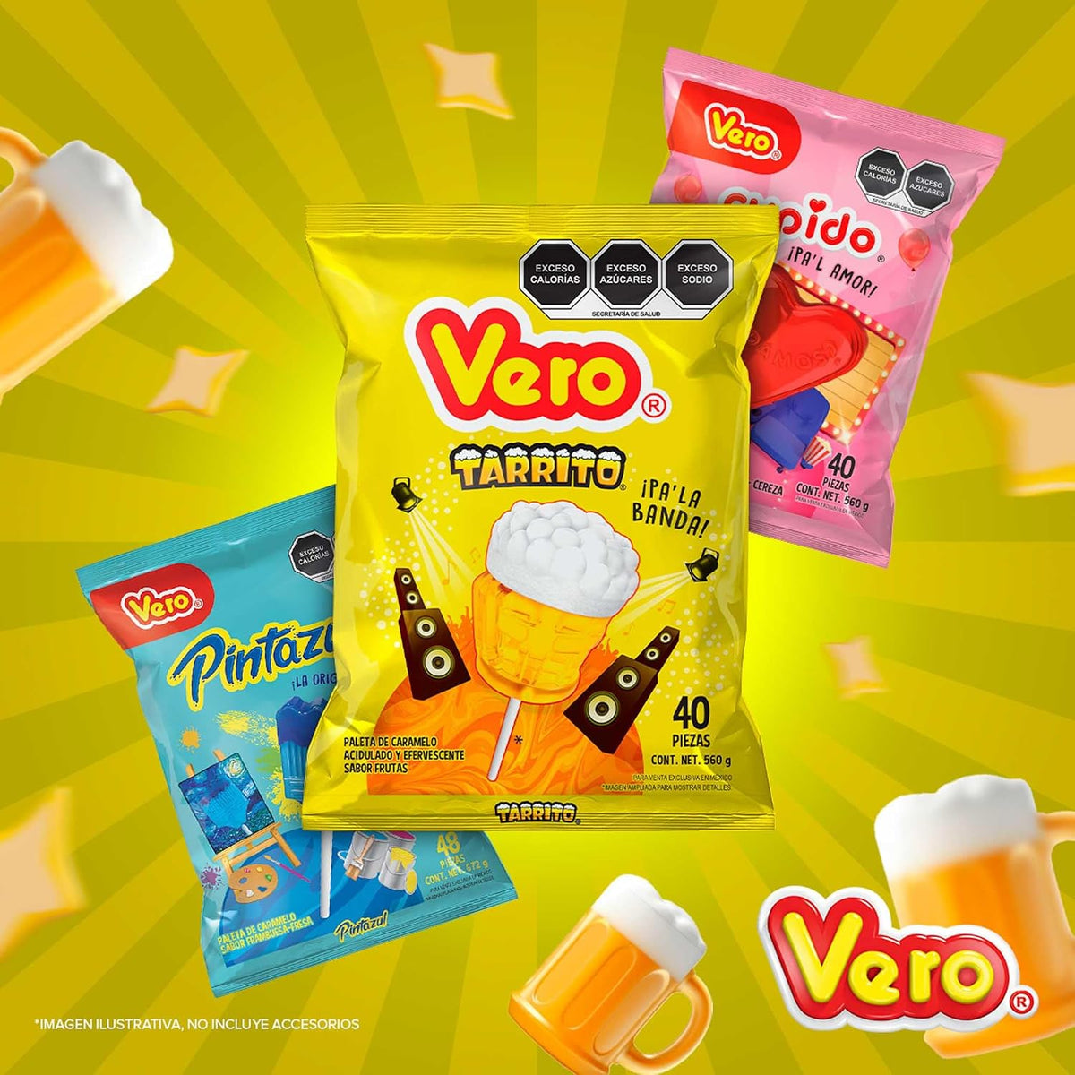Paleta Tarrito de caramelo Acidulado y Efervescente sabor frutas, Bolsa 40pz de 14g c/u