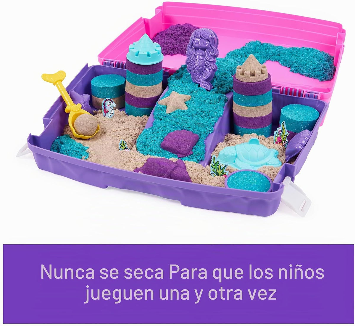Kinetic Sand, Set Palacio de la Sirena, 934 g de Arena Que Brilla (Morado, Turquesa y Arena de Playa), arenero Plegable Reutilizable y Herramientas, Juguetes sensoriales para niños a Partir de 3 años