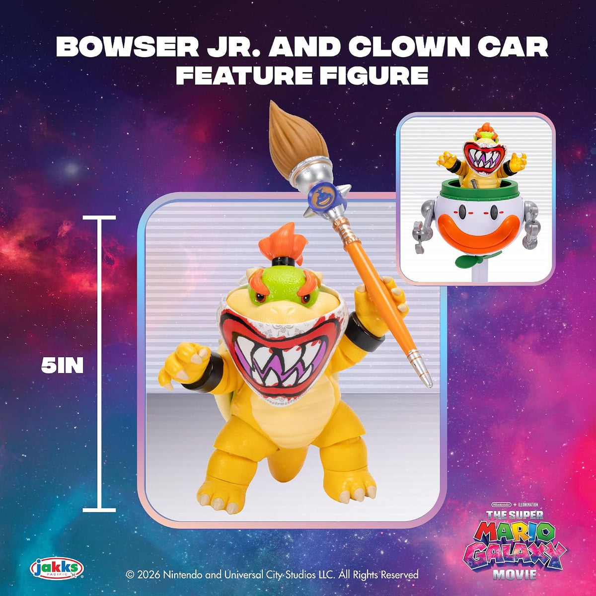 Jakks Pacific Super Mario Galaxy Movie Figura Bowser Jr. 5 Pulgadas con Clown Car, Máscara Exclusiva, Brazos de Golpe Activados por Botón, Stickers Revelables con Agua y Accesorios, +3 Años