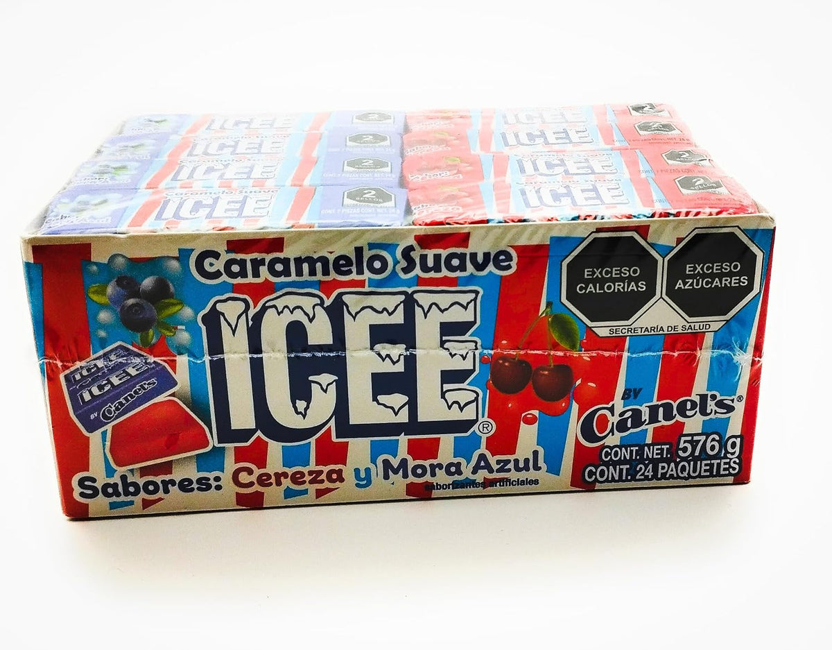Caramelo suave ICEE sabores Cereza & Mora Azul. Caja con 24 paquetes de 7 piezas (24 gr. c/u)