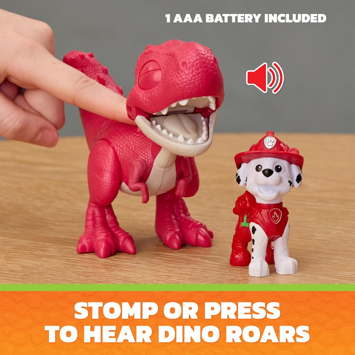 Paw Patrol: The Dino Movie Incluye Juguete de Dinosaurio articulado Tomatito de 10,1 cm con Sonidos y Figura de acción de Marshall, Juguetes para niños y niñas preescolares, a Partir de 3 años