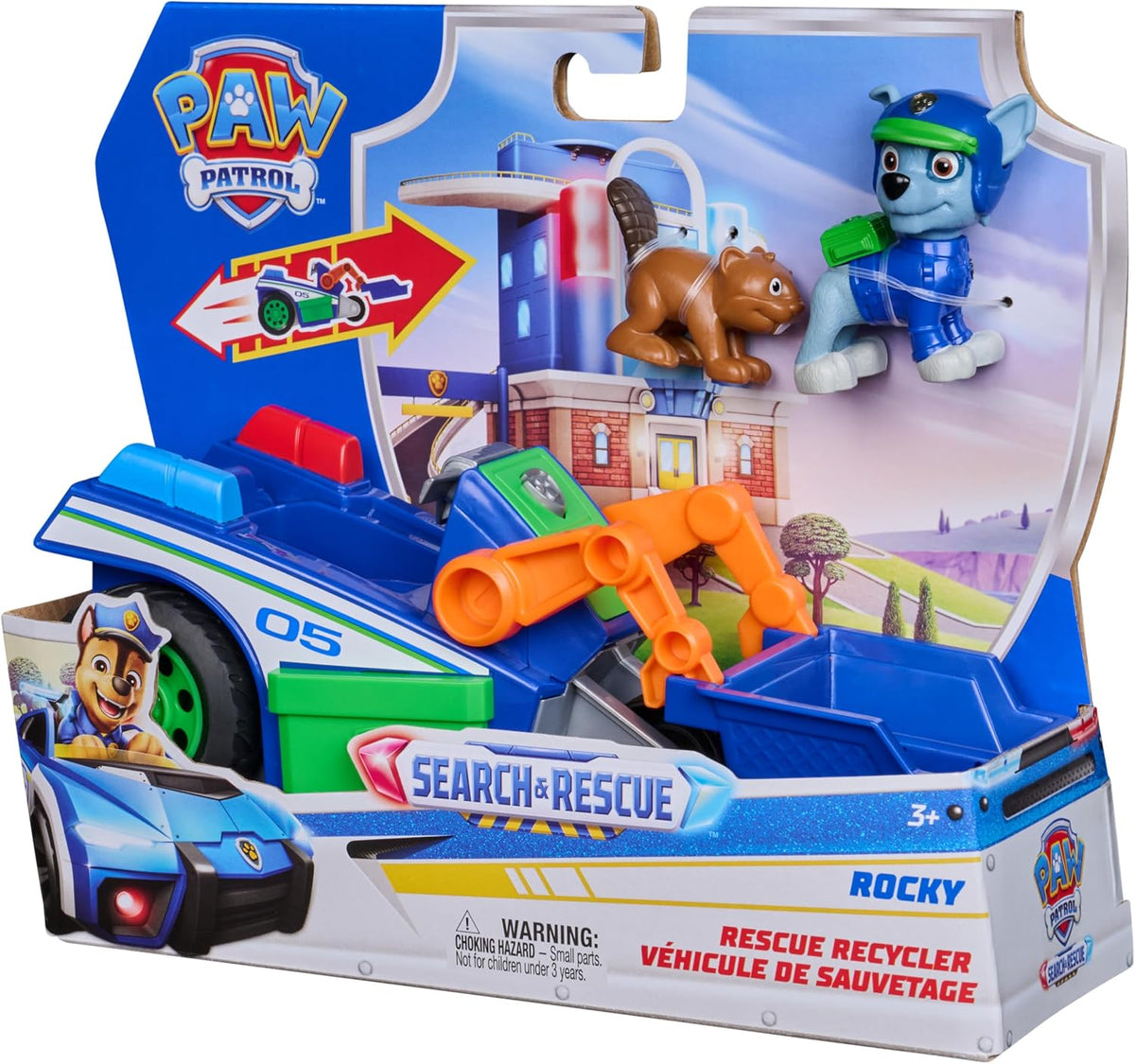 Paw Patrol: Search & Rescue, vehículo de Reciclaje y Rescate de Rocky con 2 Figuras, vehículo de Juguete con función de propulsión, Juguetes para niños y niñas a Partir de 3 años