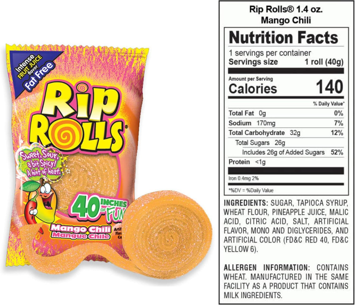 Needzo Rip Rolls Caramelo De Regaliz Con Sabor A Chile Y Mango, Caramelos Masticables Sin Grasa, Cinturones Gomosos Dulces Y Picantes, Refrigerios De Viaje Por Carretera, Paquete De 3