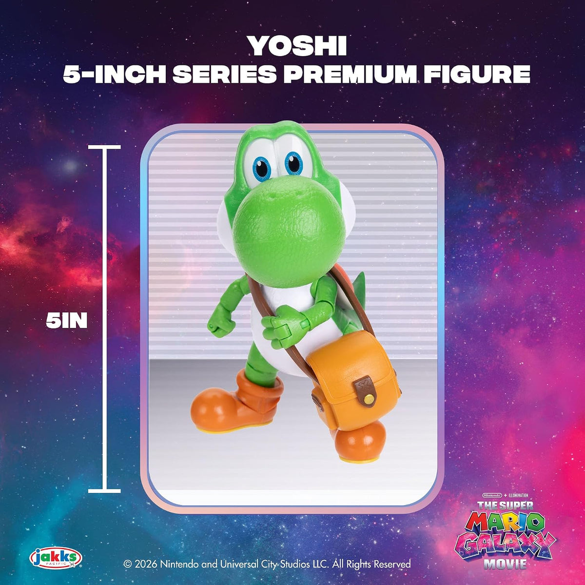 Jakks Pacific Super Mario Galaxy Movie Figura Yoshi 5 Pulgadas con Sombrero, Lentes y Bolsa, 20 Puntos de Articulación, Coleccionable, +3 Años