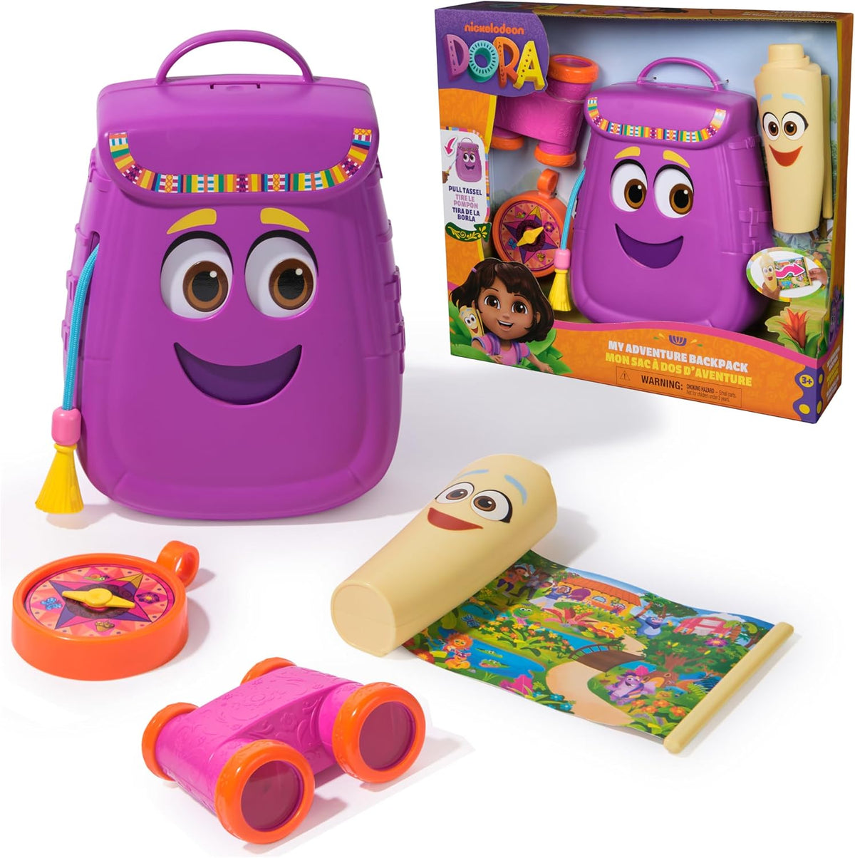 Dora, Mi Mochila de Aventuras, con Accesorios de exploración‚ un Mapa desplegable y una brújula y Unos prismáticos de Juguete, Juguetes para niñas y niños a Partir de 3 años