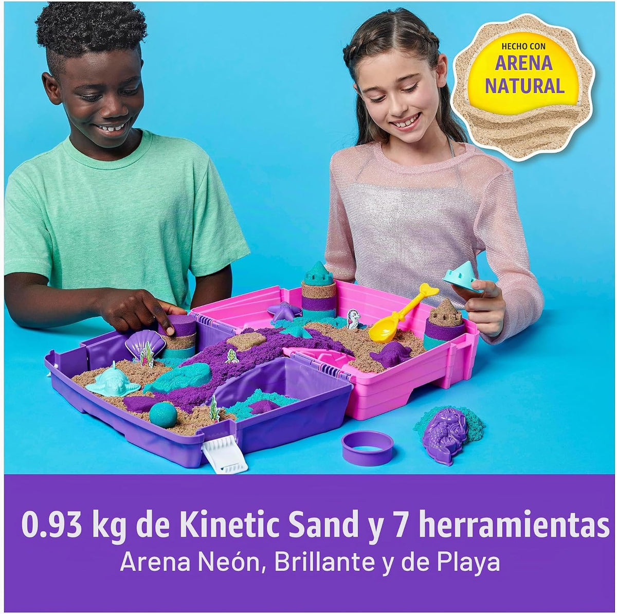 Kinetic Sand, Set Palacio de la Sirena, 934 g de Arena Que Brilla (Morado, Turquesa y Arena de Playa), arenero Plegable Reutilizable y Herramientas, Juguetes sensoriales para niños a Partir de 3 años