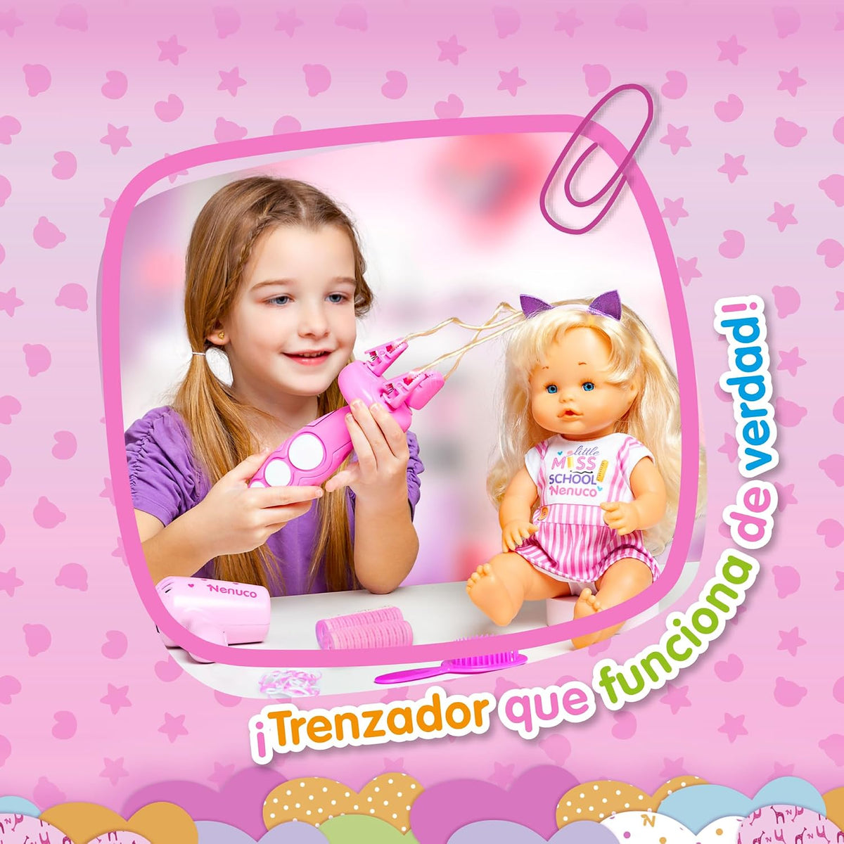 Nenuco - Peinaditos para el Cole, muñeco bebé Cuerpo Duro de 35 cm, de Pelo Rubio y Largo, para hacerle Peinados Diferentes, Muchos Accesorios como trenzador, Desde 2 años, Famosa