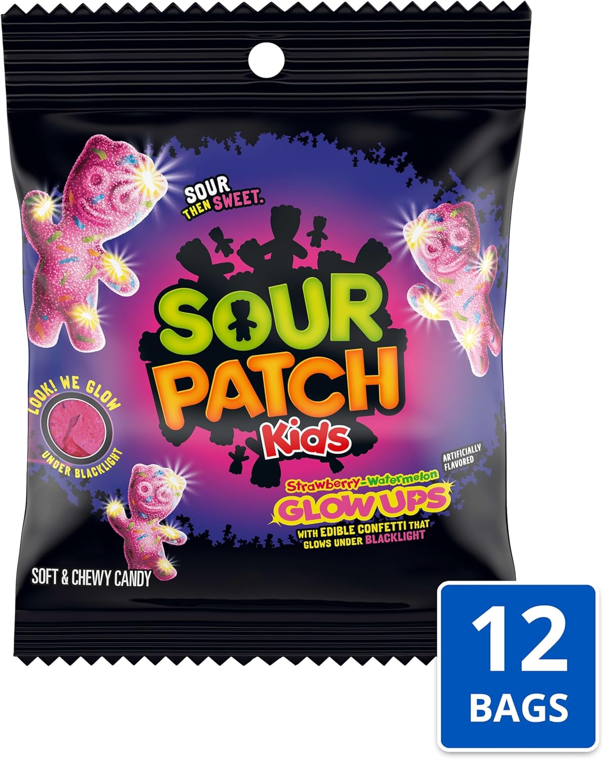Sour Patch Kids Glow Ups Fresa Sand?a X 12 | Brilla Bajo la Luz Negra