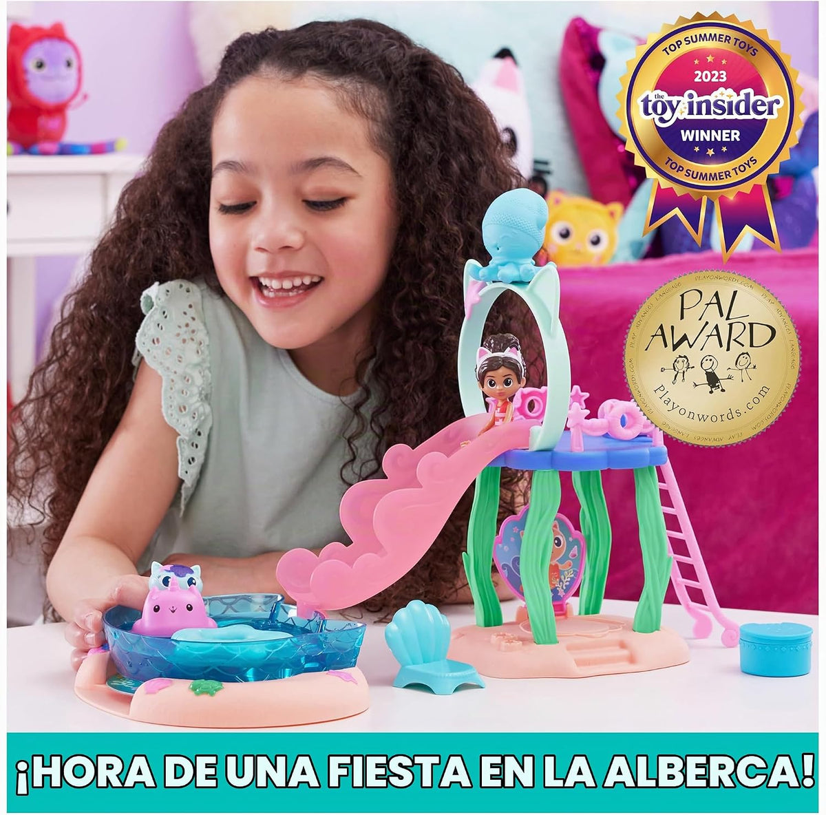 Gabby´s Dollhouse, Alberca Gatástica con Las Figuras de Gabby y Gatirena, Colas de Sirena Que cambian de Color y Accesorios de Piscina