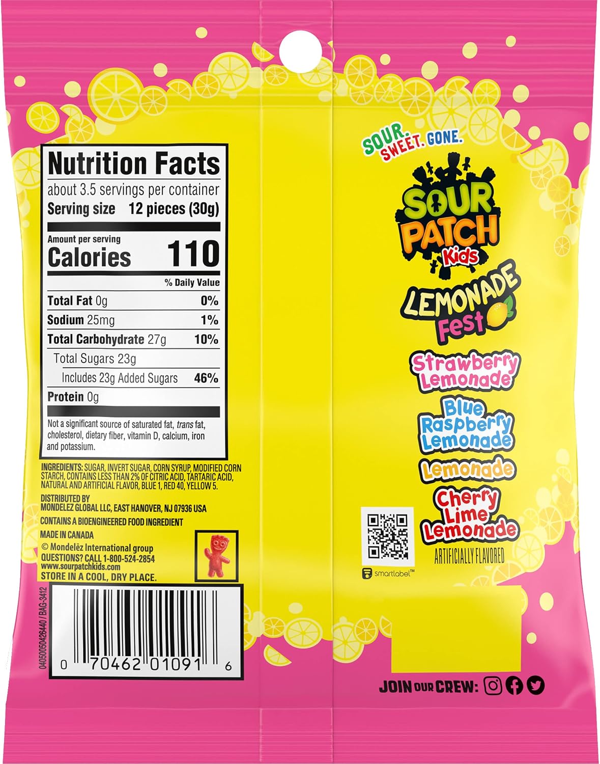 Sour Patch Kids Lemonade Fest Soft & Chewy Candy, 3.61 OZ Bag