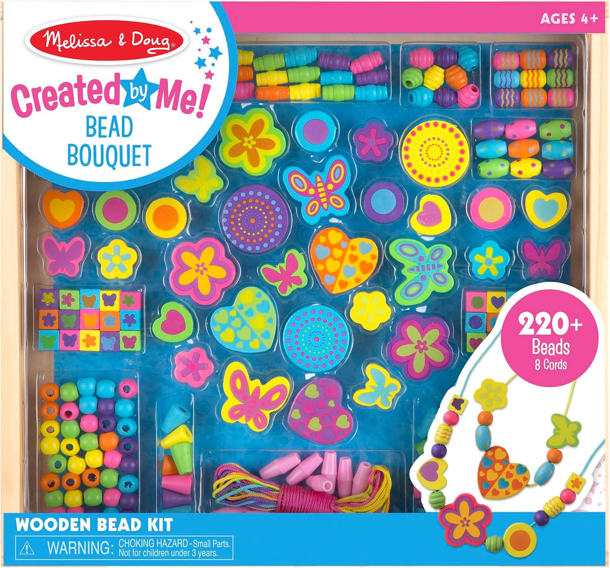 Melissa & Doug Juego Deluxe de Bouquet de Cuentas, Juguete de Madera, Artes y Manualidades, Práctica Bandeja de Madera, 220 Cuentas y 8 Cordones