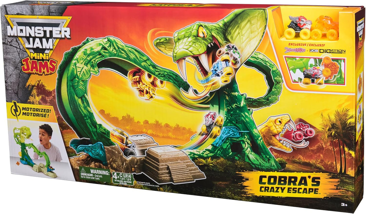 Monster Jam Mini Jams, Cobra's Crazy Escape, Set de Juego motorizado de 71,1 cm, 2 Camiones Monstruo metálicos ThunderROARus y JCB Digatron, Juguetes para niños y niñas a Partir de 3 años