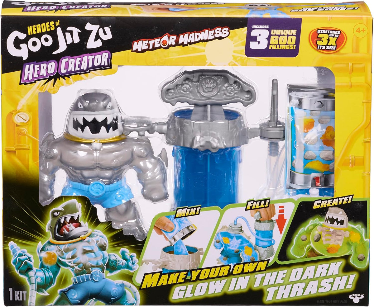 Heroes of Goo JIT Zu Hero Creator Thrash, con 3 Rellenos Goo únicos, Mezcla, Llena y CREA tu Propia Figura Extensible