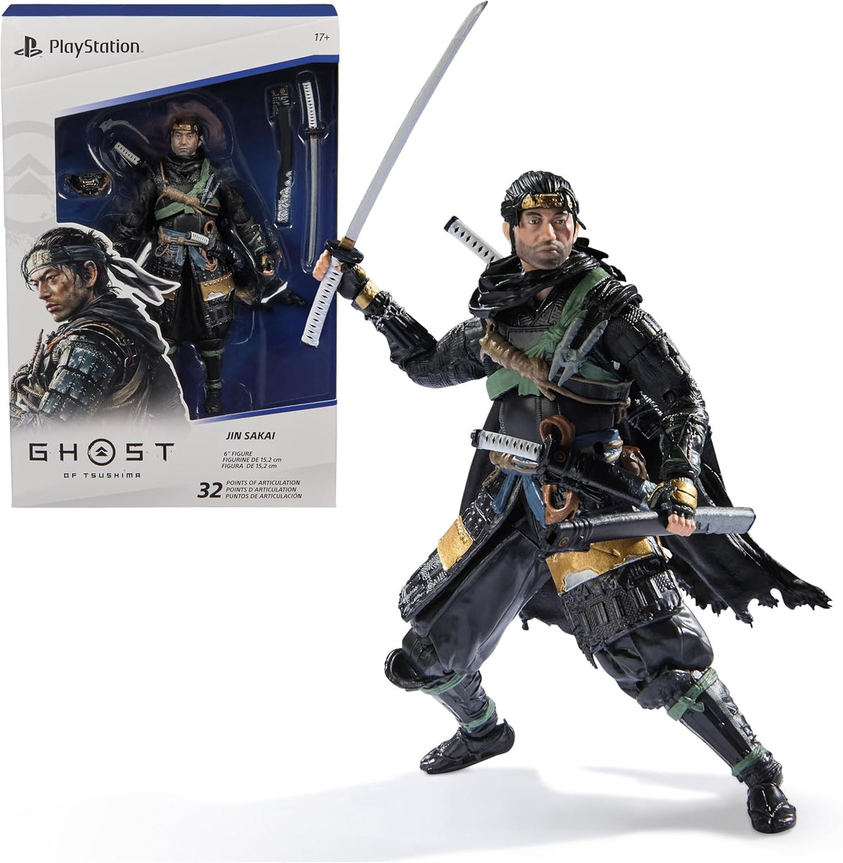 PlayStation, Ghost of Tsushima, Figura de Acción del Samurái Jin Sakai de 15 Cm, 2 Accesorios, the Shapes Collection, para Fans y Coleccionistas de la PS5 a Partir de 17 Años