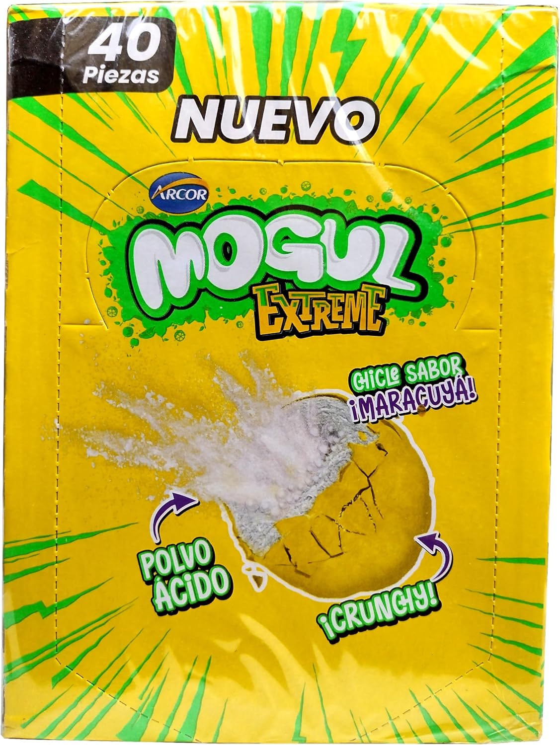 Arcor Mogul Extreme Maracuyá - Chicle globo con relleno ácido en polvo sabor maracuyá y durazno - 40 piezas - 160 g